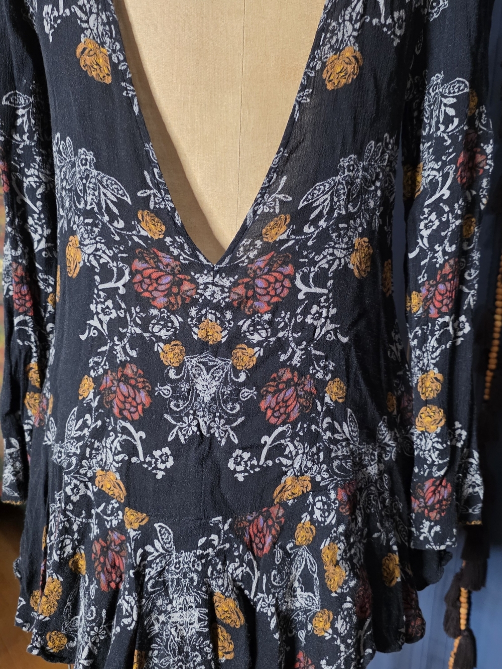 Free People Smooth Talker Tunic Mini Dress Raven Black Floral Size S Open Back - Picture 9 of 11